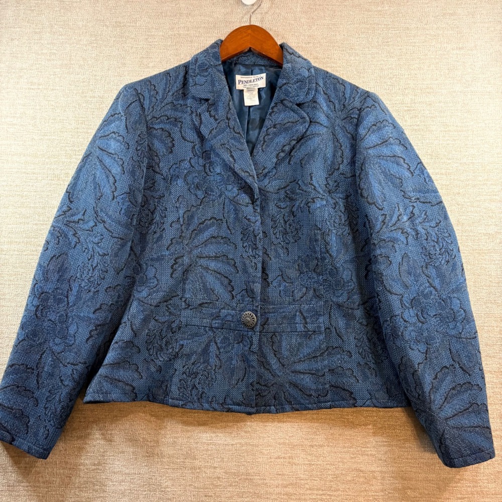 Pendleton Vintage Blue Black Floral Damask 100% Virgin Wool Blazer Jacket W 1640